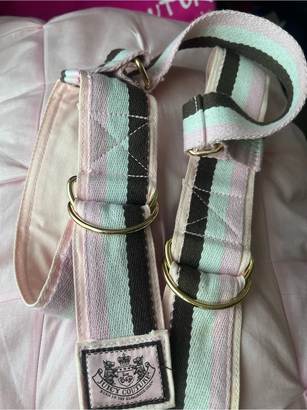 Y2K Juicy Couture Pink & Brown Striped Canvas Yoga Mat Shoulder Strap
